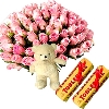 Pink Roses with Teddy N Chocolates